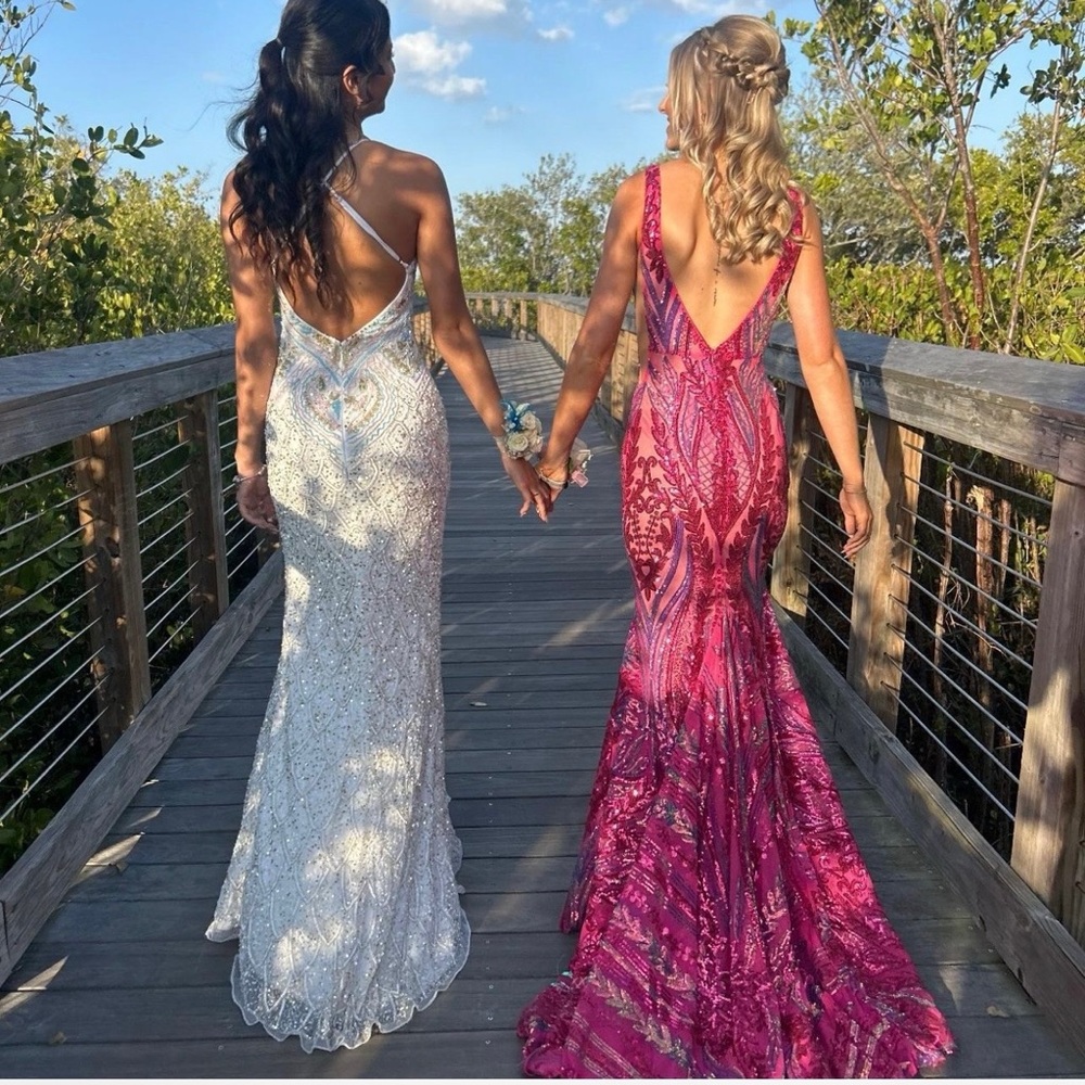 Jovani White Beaded Backless Prom Gown & Jovani Fuchsia Sequined Mermaid Gown